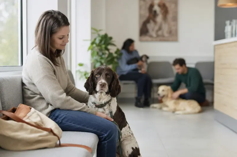 Ein English Springer Spaniel sitzt ruhig neben seinem Besitzer im hellen Wartezimmer einer modernen Tierarztpraxis.